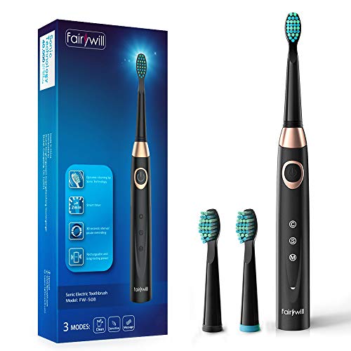 Fairywill Sonic Electric Toothbrush Rechargeable for Adults and Kids, ADA Accepted, 3 Brush Heads Included, 4 Hours Charge Minimum 30 Days Use, Dentists Recommend, Build in 2 Mins Timer Black