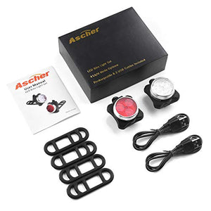 Ascher USB Rechargeable Bike Light Set,Super Bright Front Headlight and Rear LED Bicycle Light,650mah Lithium Battery,4 Light Mode Options(2 USB cables and 4 Strap Included)
