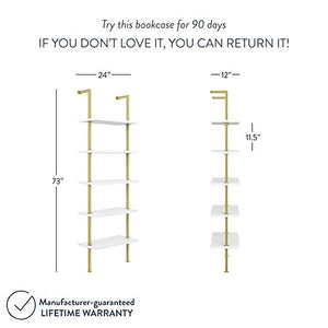 Nathan James Theo 5-Shelf Modern Bookcase, Open Wall Mount Ladder Bookshelf with Industrial Metal Frame, White/Gold