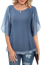 Load image into Gallery viewer, SeSe Code Chiffon Tops for Women Work Casual Summer Ruffle Sleeve Top Sheer Blouses Crew Neck Shirts for Women Dressy Tops for Evening Wear Blue Grey 2XL
