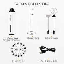 Load image into Gallery viewer, FoodVille MF05 Rechargeable Milk Frother USB Charging Handheld Foam Maker with Balloon Whisk, 16 Pcs Latte Art Templates, Stainless Steel Stand for Cappuccino, Latte, Protein Powder
