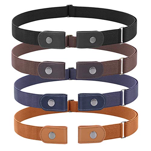 4 Pieces No Buckle Stretch Women Belt for Jeans Pants, WHIPPY Buckle Free Comfortable Invisible Elastic Belts (Black Khaki Blue Brown, Fit Pants Size 22-36 Inches)