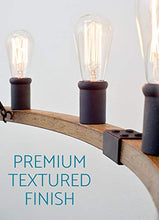 Load image into Gallery viewer, Kira Home Jericho 48" 16-Light Large Rustic Farmhouse Wagon Wheel Chandelier, Round Kitchen Island Light, Textured Black Accents + Warm Oak Wood Style Finish

