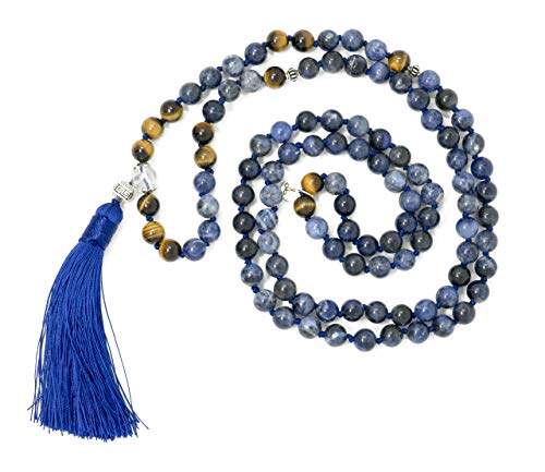 Larimar Accessories | Premium 8MM 108 Mala Beads Necklace with Tassel | Mala Gemstone Necklace | Mala Yoga Necklace | Mala Meditation Beads | Jewelry for Women Men | (Sodalite & Tiger Eye)