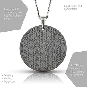 EMF Protection Necklace | LUXAR | Black Volcanic Lava & Shungite Pendant | Metal Adjustable Chain & Clasp | Energy Cleansing | EMF WiFi Shield Eliminator [Flower of Life]