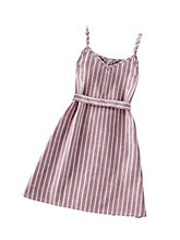 Load image into Gallery viewer, Romwe Girl's Cute Striped Spaghetti Strap Button Front Belted Summer Cami Dress Dusty Pink 150
