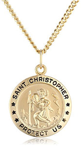 14k Gold-Filled Medium Round Saint Christopher Pendant Necklace with Stainless Steel Chain, 20"
