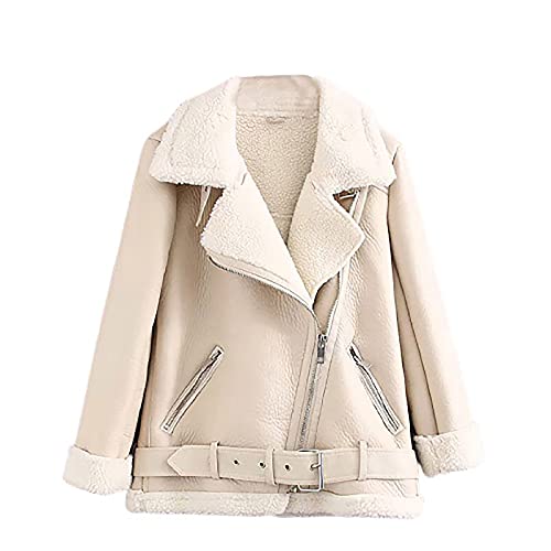 Womens Sherpa Jacket Teen Girls Winter Warm Coat Zip Up Solid Color Lapel Tops Soft Shacket Fleece Collar Plush Jacket Beige