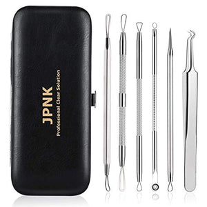 JPNK 6 PCS Blackhead Remover Comedones Extractor Acne Removal Kit for Blemish, Whitehead Popping, Zit Removing for Nose Face Tools with a Leather bag(Silver)
