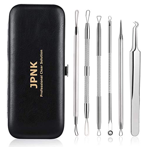 JPNK 6 PCS Blackhead Remover Comedones Extractor Acne Removal Kit for Blemish, Whitehead Popping, Zit Removing for Nose Face Tools with a Leather bag(Silver)