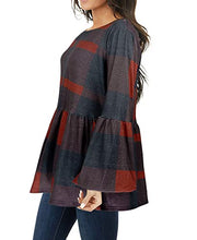 Load image into Gallery viewer, Hibluco Womens Plaid Shirts Long Puff Sleeve Peplum Tops Babydoll Blouses Red

