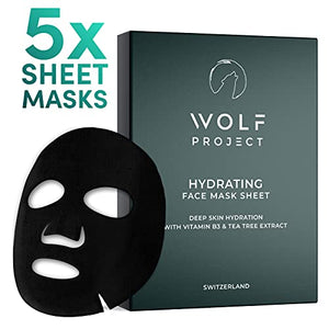 WOLF PROJECT | Hydrating Sheet Mask (5 Pack) - Hydrating and Moisturizing Face Mask For Men - Natural serum, Bamboo charcoal face mask sheets, Vitamin B3 & Hyaluronic Acid for glowing skin