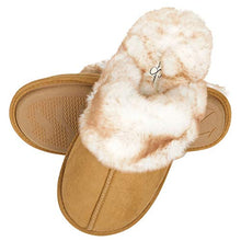 Load image into Gallery viewer, Jessica Simpson Women's Comfy Faux Fur House Slipper Scuff Memory Foam Slip on Anti-skid Sole, Tan, Large
