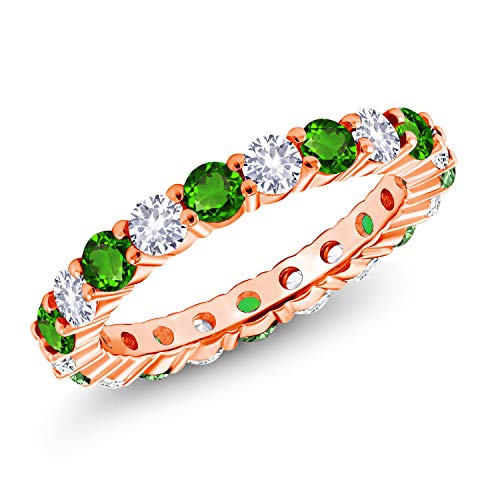 Gem Stone King 2.70 Ct Round Green Simulated Tsavorite and White Created Sapphire 18K Rose Gold Plated Silver Eternity Band Ring (Size 7)