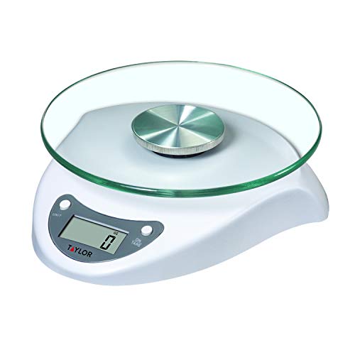 Taylor Precision Products Digital Kitchen Scale with Glass Platform, Tare Button, and Plastic Body Weighs Up to 6.6 Pounds Capacity