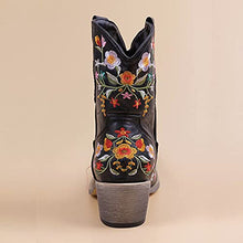 Load image into Gallery viewer, Fullwei Cowboy Booties for Women,Women Embroidery Cowgirl Wide Combat Ethnic Ankle Boot Ladies Casual Pull-Up Western Low Heels Short Motorcycle Riding Walking Shoe (Black, 9)
