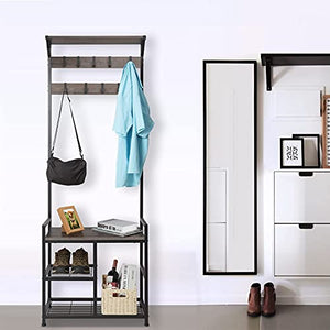 HOMEKOKO Coat Rack Shoe Bench, Hall Tree Entryway Storage Bench, Wood Look Accent Furniture with Metal Frame, 3-in-1 Design