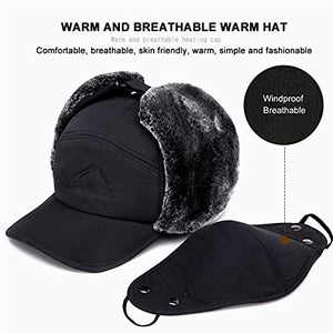 3 in 1 Thermal Fur Lined Trapper Hat with Ear Flap for Men, Full Face Neck Warmer All-Around Windproof Warm Insulated Winter Baseball Cap Cycling Snow Ski Snowboard Bomber Hat,Black
