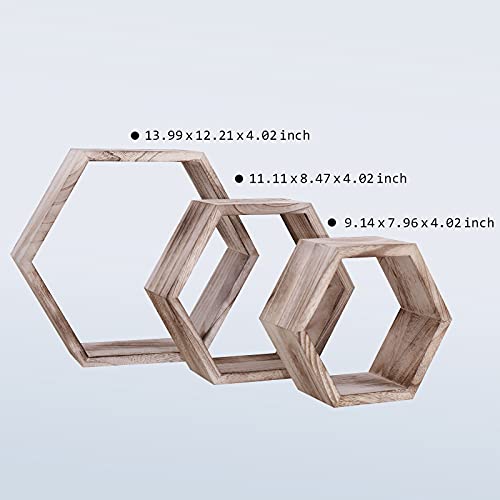 Load image into Gallery viewer, WONFUlity Hexagon Floating Shelves Wall Mounted Wood Farmhouse Storage Honeycomb Wall Shelf, Hexagonal Wall Shelves for Bedroom, Living Room, Office, 3pc, Rustic Fire Roast