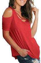 Load image into Gallery viewer, Cold Shoulder Tops for Women Plain Short Sleeve T Shirts V Neck Blouse Red XL
