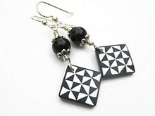 Load image into Gallery viewer, Pinwheel Quilt Block Earrings, Sterling Silver, Black Obsidian Quilters Jewelry, Limited Edition Polymer Clay HST

