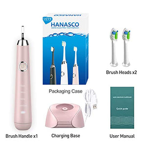 Hanasco Sonic Electric Toothbrush Rechargeable for Adults, 4 Modes with Build in 2 Mins Timer, 3 Brush Heads Included, Whitening Clean 4 Hours Charge for 30 Days Use, Soft Bristles, 38,000 VPM Pink