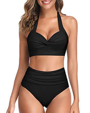 Load image into Gallery viewer, Tempt Me Women's Vintage Swimsuits Olive Green Retro Halter Ruched High Waist Bikini with Bottom L
