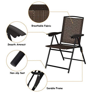 Giantex Set of 4 Patio Folding Chairs, Adjustable Sling Back Chairs with Armrest, Patio Dining Chairs Portable for Camping Garden Pool Beach, Deck Lounge Chairs (Brown)