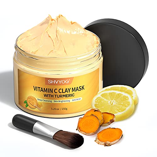 Turmeric Vitamin C Clay Mask, SHVYOG Vitamin C Clay Facial Mask with Kaolin Clay and Turmeric for Dark Spots, Turmeric Facial Mask Skin Care Mask for Controlling Acne, Oil and Refining Pores
