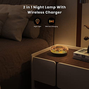 FTOYIN Night Light with Wireless Charge, Volcano Shape 15W Fast Wireless Charging Bedside Lamp Table Lamp for Gift Bedroom Nightstands Kids Room Living Room Office, Black