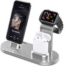 Load image into Gallery viewer, OLEBR Charging Stand Compatible with iWatch 6 and SE Watch Charging Stand for AirPods, iWatch Series 6/SE/5/4/3/2/1,iPhone 11/11 Pro/11 Pro Max/Xs/X Max/XR/X/8/8Plus/7/7 Plus /6S /6S Plus-Silver
