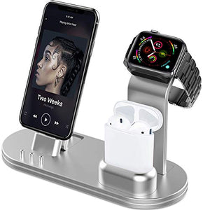 OLEBR Charging Stand Compatible with iWatch 6 and SE Watch Charging Stand for AirPods, iWatch Series 6/SE/5/4/3/2/1,iPhone 11/11 Pro/11 Pro Max/Xs/X Max/XR/X/8/8Plus/7/7 Plus /6S /6S Plus-Silver