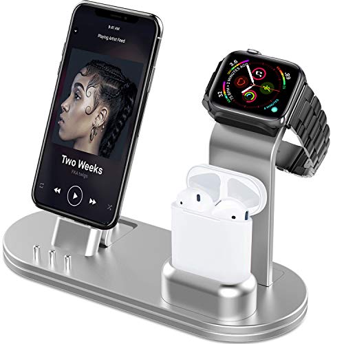 OLEBR Charging Stand Compatible with iWatch 6 and SE Watch Charging Stand for AirPods, iWatch Series 6/SE/5/4/3/2/1,iPhone 11/11 Pro/11 Pro Max/Xs/X Max/XR/X/8/8Plus/7/7 Plus /6S /6S Plus-Silver