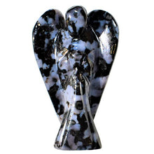 Load image into Gallery viewer, Zenergy Gems Selenite Charged Hand Carved Natural 2" Mystic Indigo Gabbro Crystal Guardian Pocket Angel + Selenite Pocket Puffy Heart Charger [Included]
