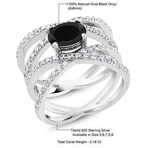 Gem Stone King 925 Sterling Silver Black Onyx Criss Cross Women's Ring (2.18 Cttw Oval Gemstone Birthstone) (Size 9)