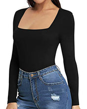 Load image into Gallery viewer, MANGOPOP Women&#39;s Square Neck Short Sleeve Long Sleeve Tops Bodysuit Jumpsuit (B Long Sleeve Black, Medium)
