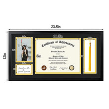Load image into Gallery viewer, Golden State Art, Diploma Frame with Tassel Holder, 11x22 Wood Frame for 8.5x11 Document/Certificate,4x6 Photo with Double Mat (Black Over Gold), Real Glass, Black Shadow Box
