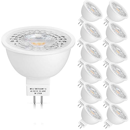 12 Pack MR16 LED Bulbs 50W Halogen Equivalent, 2700K Warm White, 5W GU5.3 MR16 12V Spotlight Bulb, Non-Dimmable,45 Degree Beam Angle for Landscape, Recessed, Track Lighting