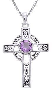 Jewelry Trends Sterling Silver Celtic Knotwork Cross with Amethyst Pendant on 18 Inch Chain Necklace