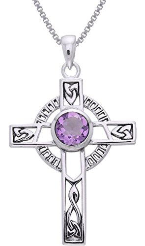 Jewelry Trends Sterling Silver Celtic Knotwork Cross with Amethyst Pendant on 18 Inch Chain Necklace