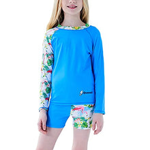 Load image into Gallery viewer, Ovovod Girls Swimsuit Two Piece Rash Guard Set for 4-14 Years UPF 50+ UV Protective Long Sleeve Swimwear Blue/Flamingo
