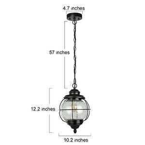LALUZ Outdoor Hanging Lantern Porch Painted Black Metal with Clear Bubbled Glass Globe in Iron Cage Frame, 1-Light Light, 10.2" Exterior Pendant Lighting for Garage