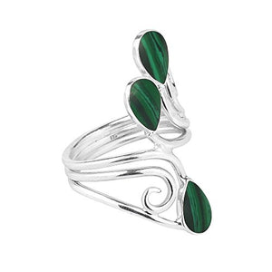 Floral Vine Ornate Teardrop Green Malachite Sterling Silver Ring (6)