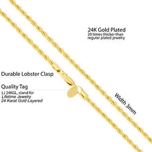 Load image into Gallery viewer, Lifetime Jewelry 3mm Rope Chain Necklace 24k Real Gold Plated for Women Men Teen (Gold, 26)
