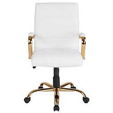 Load image into Gallery viewer, Flash Furniture Mid-Back White LeatherSoft Executive Swivel Office Chair with Gold Frame and Arms
