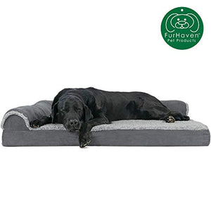 Furhaven Pet Dog Bed - Deluxe Orthopedic Two-Tone Plush and Suede L Shaped Chaise Lounge Living Room Corner Couch Pet Bed with Removable Cover for Dogs and Cats, Stone Gray, Jumbo