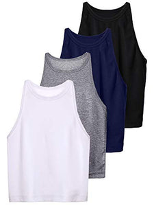 4 Pieces Basic Crop Tank Tops Women Sleeveless Racerback Crop Tops Sport Crop Tops for Lady Girls Daily Wearing (Black, Dark Grey, Navy Blue, White, Small, Numeric_1)