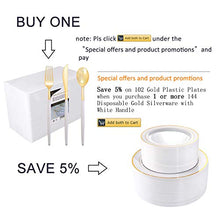 Load image into Gallery viewer, 144 PCS Disposable Gold Silverware, Plastic Flatware with White Handle, Gold Plastic Cutlery Includes: 48 Forks, 48 Knives and 48 Spoons (GOLD)
