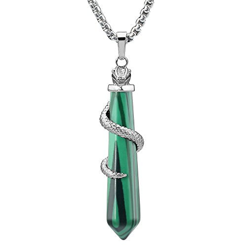BEADNOVA Healing Crystal Necklace for Women Men Synthetic Malachite Snake Tail Wrap Pendant Energy Healing Gemstones Jewelry Pendulum Crystal Divination (Hexagonal, 18 Inches Stainless Steel Chain)