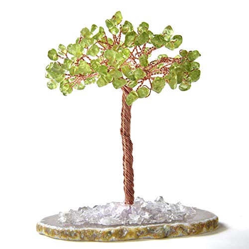 KALIFANO Natural Mini Peridot (100+ Gemstone Count!) Chakra Crystal Tree with Brazilian Agate Base - Bonsai Feng Shui Money Tree for Stress Relief and Inner Growth